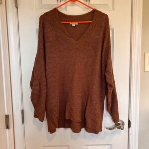 American Eagle Womens XL Rust Brown V-Neck Waffle Knit Oversized Sweater